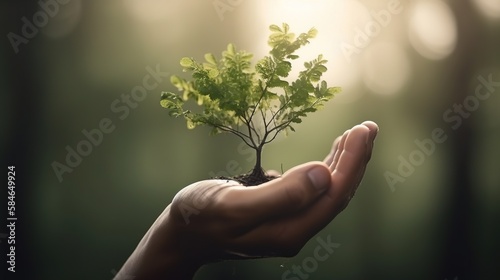 "Artistic Hands Embrace Nature's Beauty: Holding Tree Over Blurred Background".Generative Ai