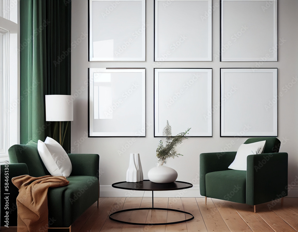 Six Interior vertical rectangular poster mockups with plant and armchair in room , AI Generated Six Interior vertical rectangular poster mockups with plant and armchair in room , AI Generated