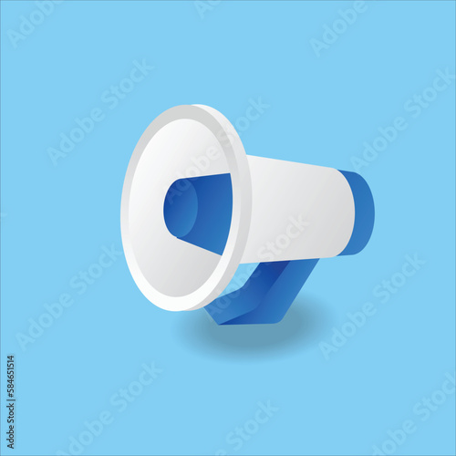 3d rendering of a single blue and white electric megaphone with a handle stands on a blue background
