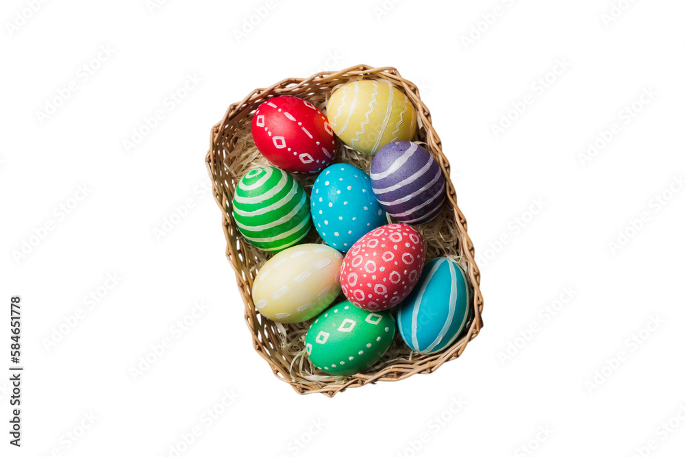 Basket of colorful Easter eggs isolated on white background. Easter basket filled with colored eggs top view holiday concept Basket of colorful Easter eggs isolated on white background. Easter basket filled with colored eggs top view holiday concept