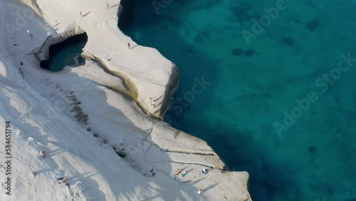 Sarakiniko Beach in Milos. Aerial fly.