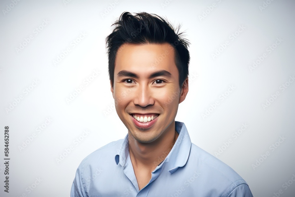 Young businessman smiling happily in blue shirt on white background. Photo generative AI Young businessman smiling happily in blue shirt on white background. Photo generative AI