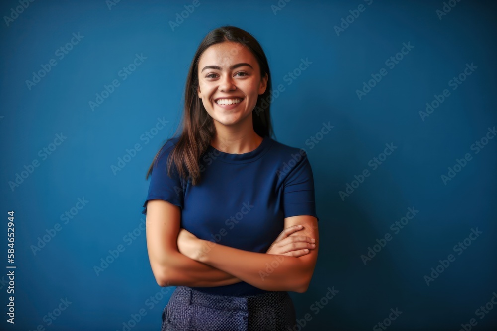 Young businesswoman smiling on blue backdrop. Photo generative AI Young businesswoman smiling on blue backdrop. Photo generative AI