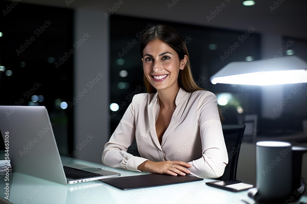 smiling businesswoman in the office at night. Photo generative AI