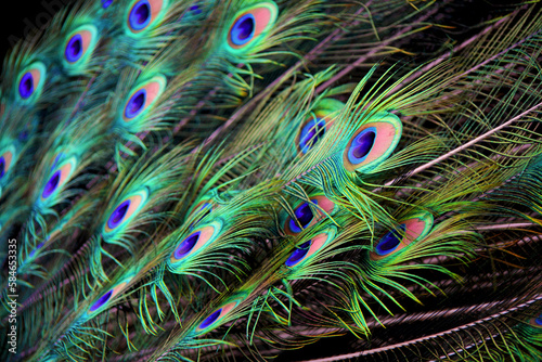 Macro photo of a beautiful peacock tail feathers. photo