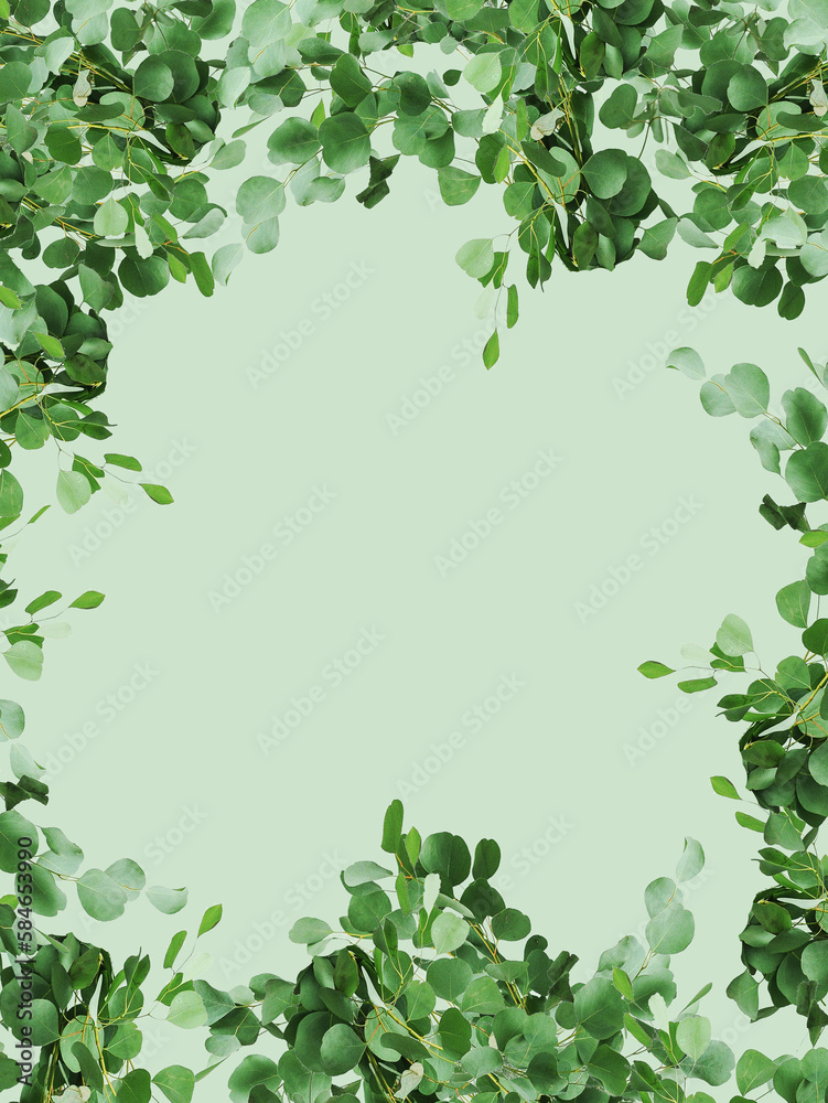Green paper with a motif of eucalyptus leaves and twigs. Universal background with space for text or title. Green paper with a motif of eucalyptus leaves and twigs. Universal background with space for text or title.