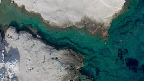 Sarakiniko Beach in Milos. Aerial fly.