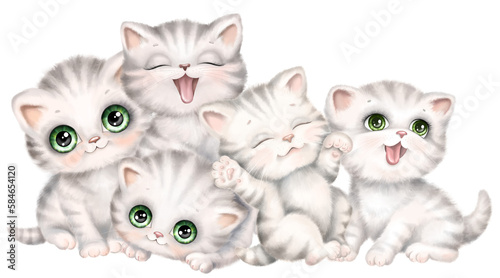 Cute tabby kittens. Family of British Kitty Cats, Hand drawn watercolor digital illustration. Cartoon baby pet animals