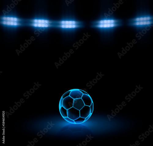 Soccer ball with bright blue glowing neon lines on a black background under stadium lights. 3d render