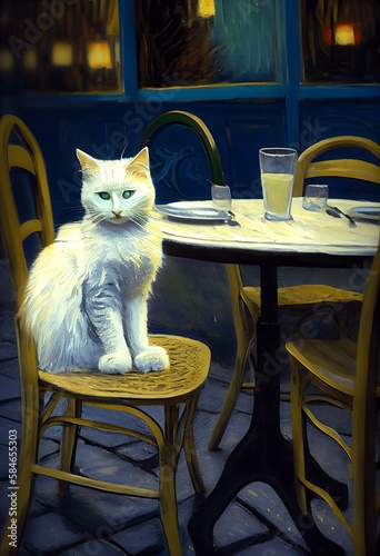 White Cat on Cafe Terrace at Night with Generative AI Technology