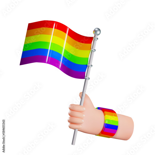Render 3d icon of a hand with a bracelet holding a pride and lgbt flag in iridescent color. Vector illustration