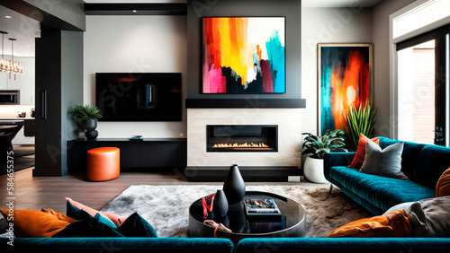 A modern living room with molding painting art, fireplace, sofa, chair and a wall-mounted TV, generative ai