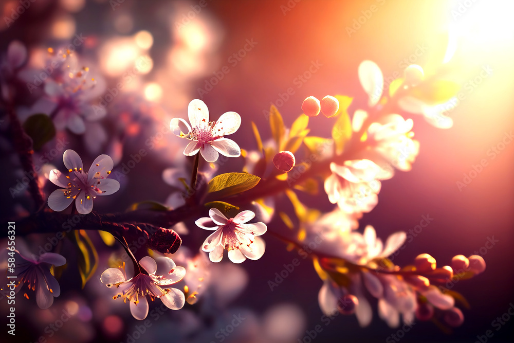Close-up of blooming almond tree buds. Prunus triloba. Solar flare and bokeh. Ai generative. Close-up of blooming almond tree buds. Prunus triloba. Solar flare and bokeh. Ai generative.