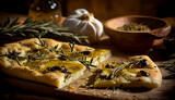 Italian focaccia bread with rosemary and garlic on a rustic background, AI Generated