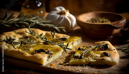 Italian focaccia bread with rosemary and garlic on a rustic background, AI Generated photo