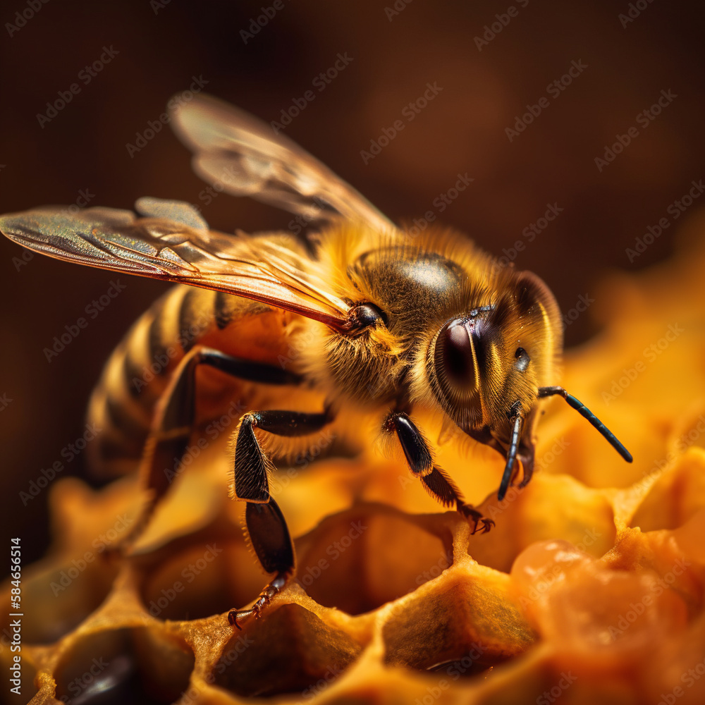 Detailed macro image of a bee collecting honey in a beehive generative ai. Bee on a honeycomb in a hive Detailed macro image of a bee collecting honey in a beehive generative ai. Bee on a honeycomb in a hive