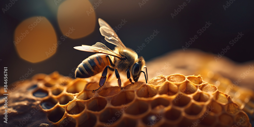 Detailed macro image of a bee collecting honey in a beehive generative ai. Bee on a honeycomb in a hive - obrazy, fototapety, plakaty 