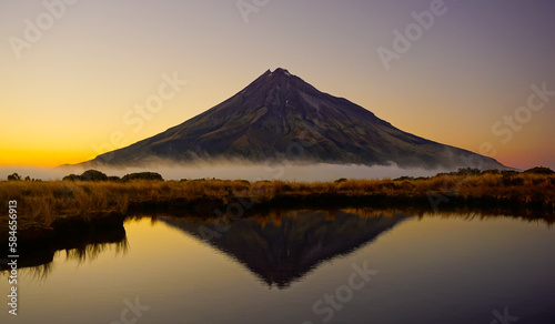 Mount Taranaki in New Zealand reflecting in a lake during sunrises golden hour.