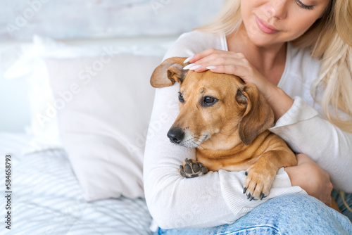 A young beautiful woman in casual clothes hugs and pets her beloved dog sitting in the bedroom of her cozy country house. Animal communication concept