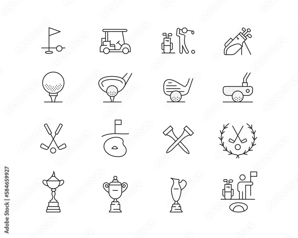 Golf Icon collection containing 16 editable stroke icons. Perfect for logos, stats and infographics. Change the thickness of the line in Adobe Illustrator (or any vector capable app).