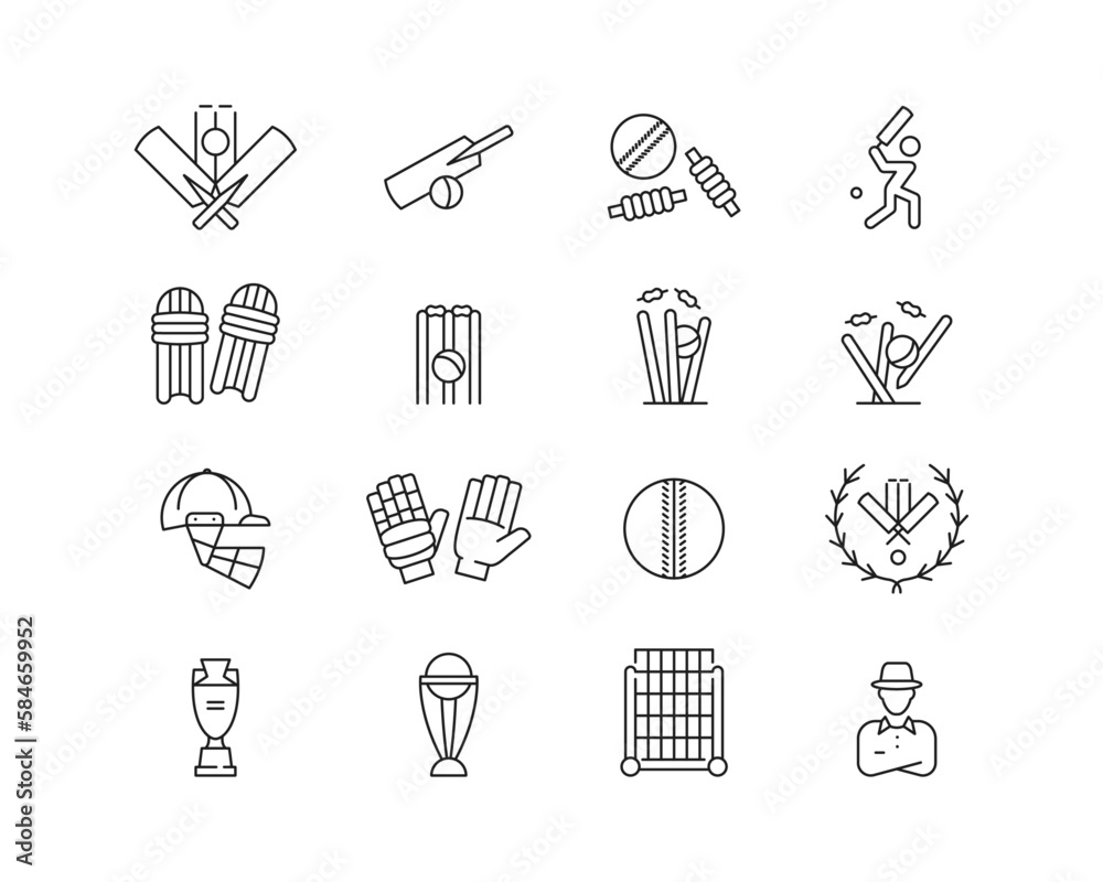 Cricket Icon collection containing 16 editable stroke icons. Perfect