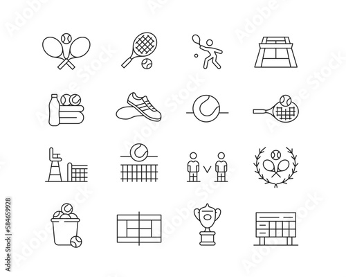 Tennis Icon collection containing 16 editable stroke icons. Perfect for logos, stats and infographics. Change the thickness of the line in Adobe Illustrator (or any vector capable app).