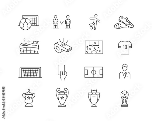 Football Soccer Icon collection containing 16 editable stroke icons. Perfect for logos, stats and infographics. Change the thickness of the line in Adobe Illustrator (or any vector capable app).