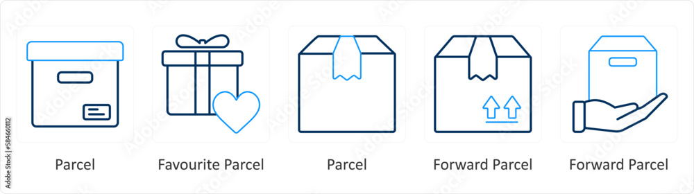 A set of 5 Mix icons as parcel, favorite parcel, parcel A set of 5 Mix icons as parcel, favorite parcel, parcel