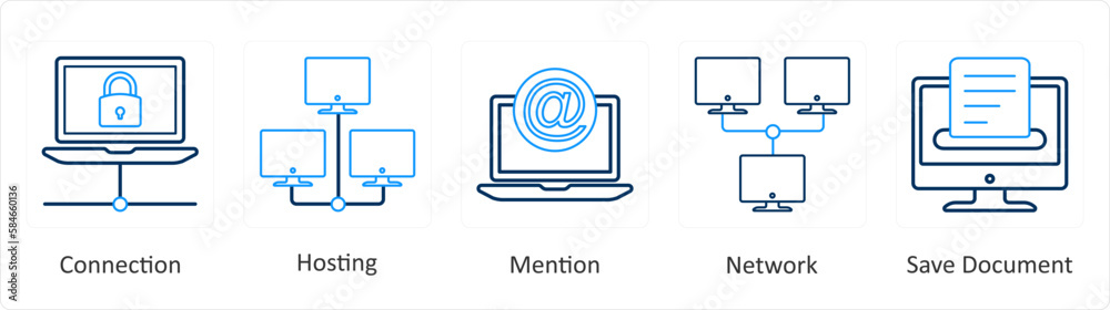 A set of 5 Mix icons as connection, hosting, mention A set of 5 Mix icons as connection, hosting, mention