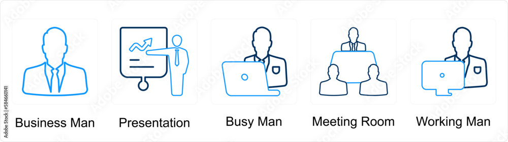 A set of 5 Mix icons as businessman, presentation, busy man