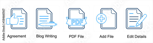 A set of 5 Mix icons as agreement, blog writing, pdf file