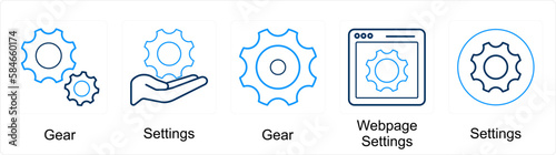 A set of 5 Mix icons as gear, settings, webpage settings