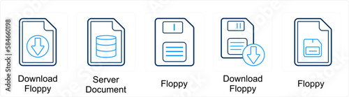 A set of 5 Mix icons as download floppy, server document, floppy