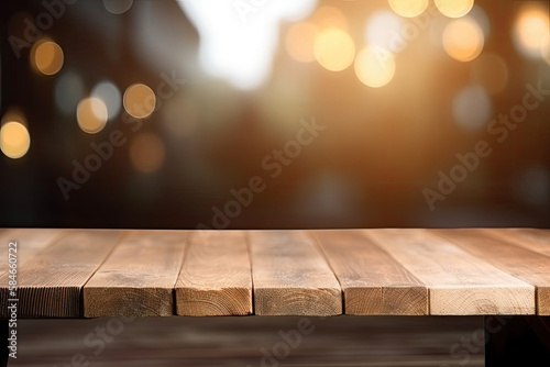 Hintergrund Holztisch mit unscharfen bokeh Lichtern. Copyspace, Banner, Generative AI 