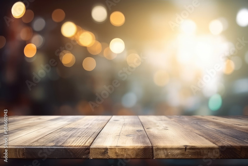 Hintergrund Holztisch mit unscharfen bokeh Lichtern. Copyspace  Banner  Generative AI 