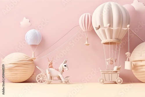 Pink cute childish background wth ballons, ai generative photo