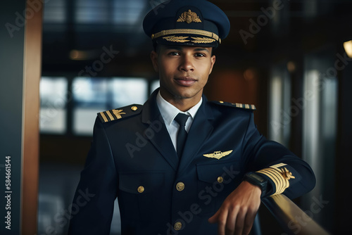 portrait of a young black pilot captain of airplane at airport. Generative AI