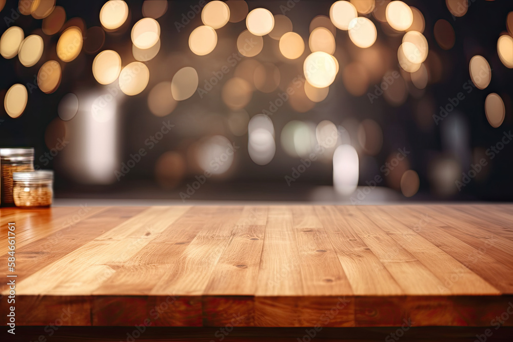 Hintergrund Holztisch mit unscharfen bokeh Lichtern. Copyspace, Banner, Generative AI
