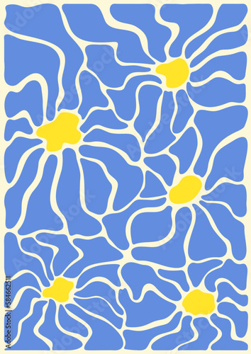 Abstract poster with daisy flower. Retro groovy pattern flower art. Organic doodle shapes in trendy naive retro hippie 60s 70s style. Aesthetic Modern Art Illustration. Retro Floral Posters