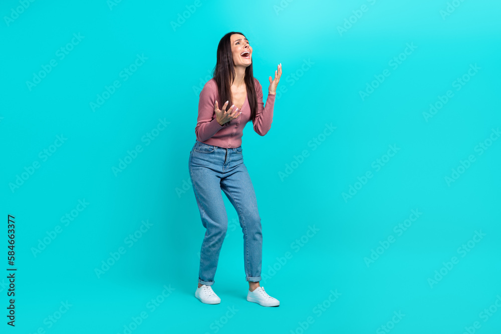 Full length cadre of dissatisfied young girl hands up stressed crying ask why herself lost control tired isolated on aquamarine color background - obrazy, fototapety, plakaty 