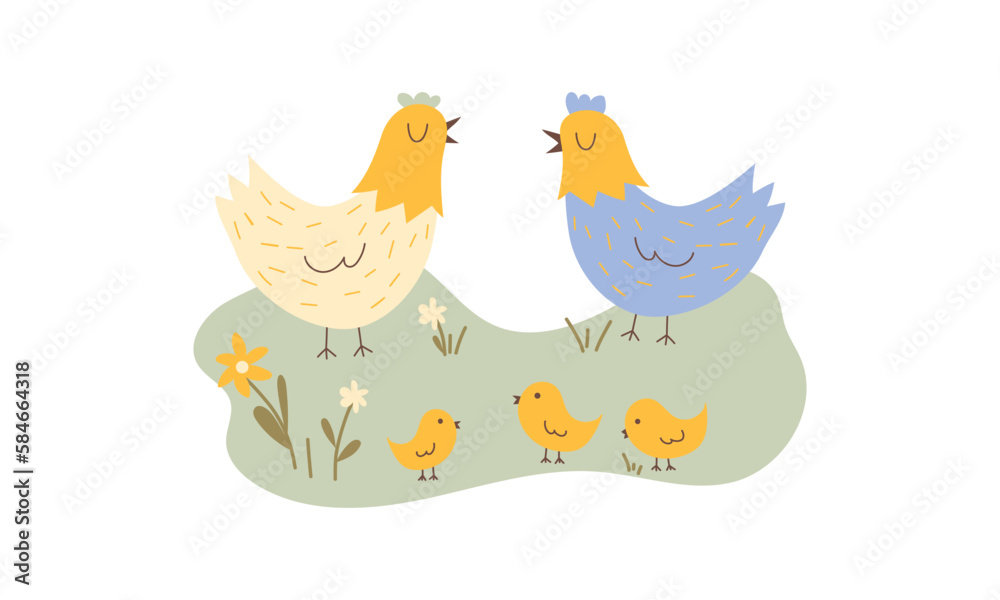 Chickens with chicks on the lawn. Cute chickens with their baby. Flat cartoon vector illustration.