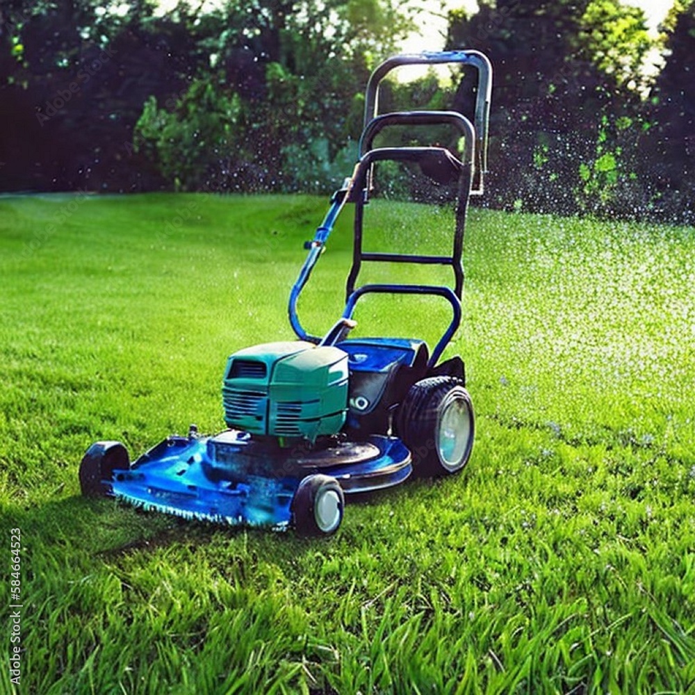 A blue lawnmower cutting green grass with lots of dew by Generative AI A blue lawnmower cutting green grass with lots of dew by Generative AI