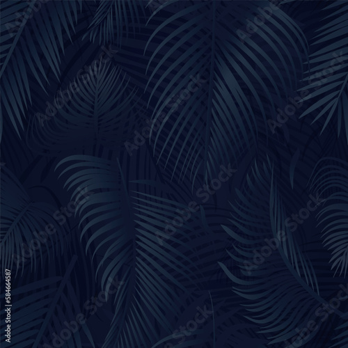 Blue palm tree leaves on dark background. Tropical palm leaves, floral seamless pattern vector illustration.