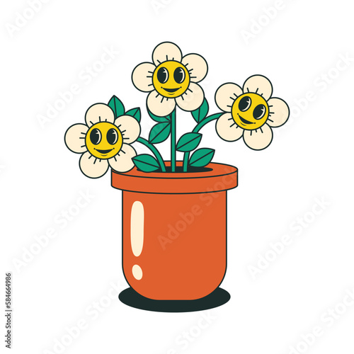 Groovy flowerpot with daisy happy faces. in trendy retro cartoon style. Hippie 70s aesthetic. Funny mascot vector illustration.