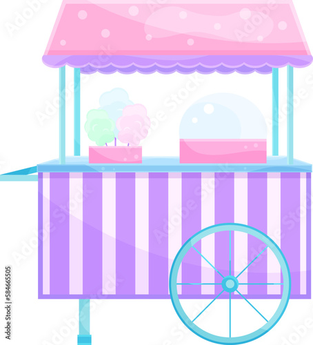 bright vector illustration of a cotton candy machine, a cotton candy cart, a sweet snack, street food, sweets for children