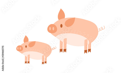 Cute pink Pigs. Big pig with his baby. Flat cartoon vector illustration.