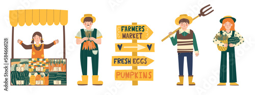 Farmers in modern style at the farmers market. Local organic production concept. Healthy eating. Eat local vector illustration set.