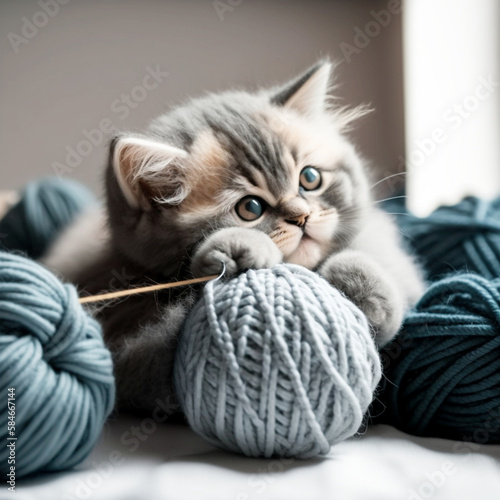 Cute Tabby cat playing with yarn. Generative AI