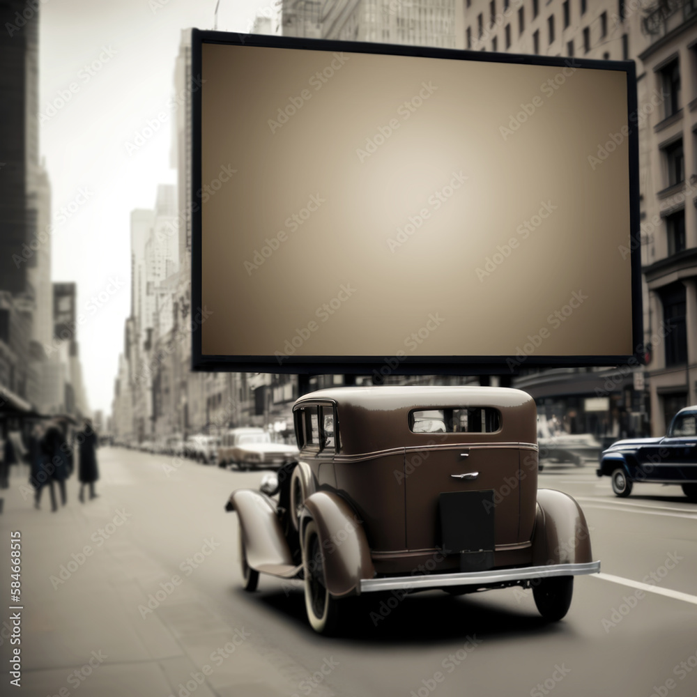 An Old Timer Car Driving On A Retro City Street With A Billboard Mockup ...