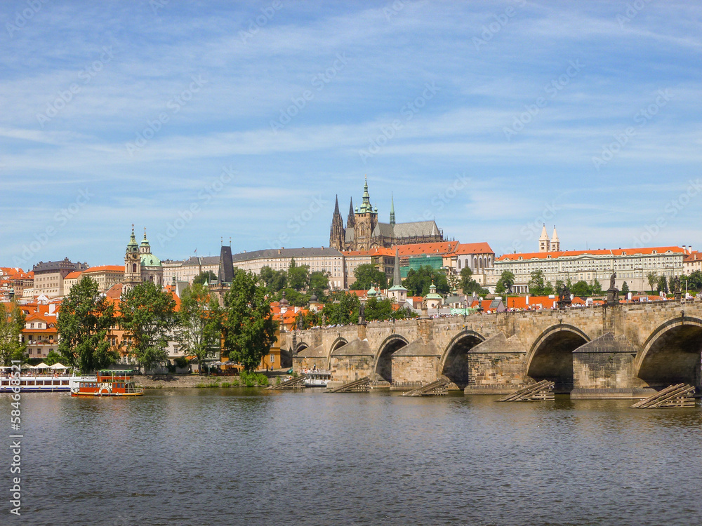 Panoramic view of Prague Old Town and iconic Charles Bridge, Czech Republic